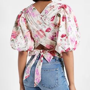 Express Floral Puff Sleeve Tie Back Blouse,  XL